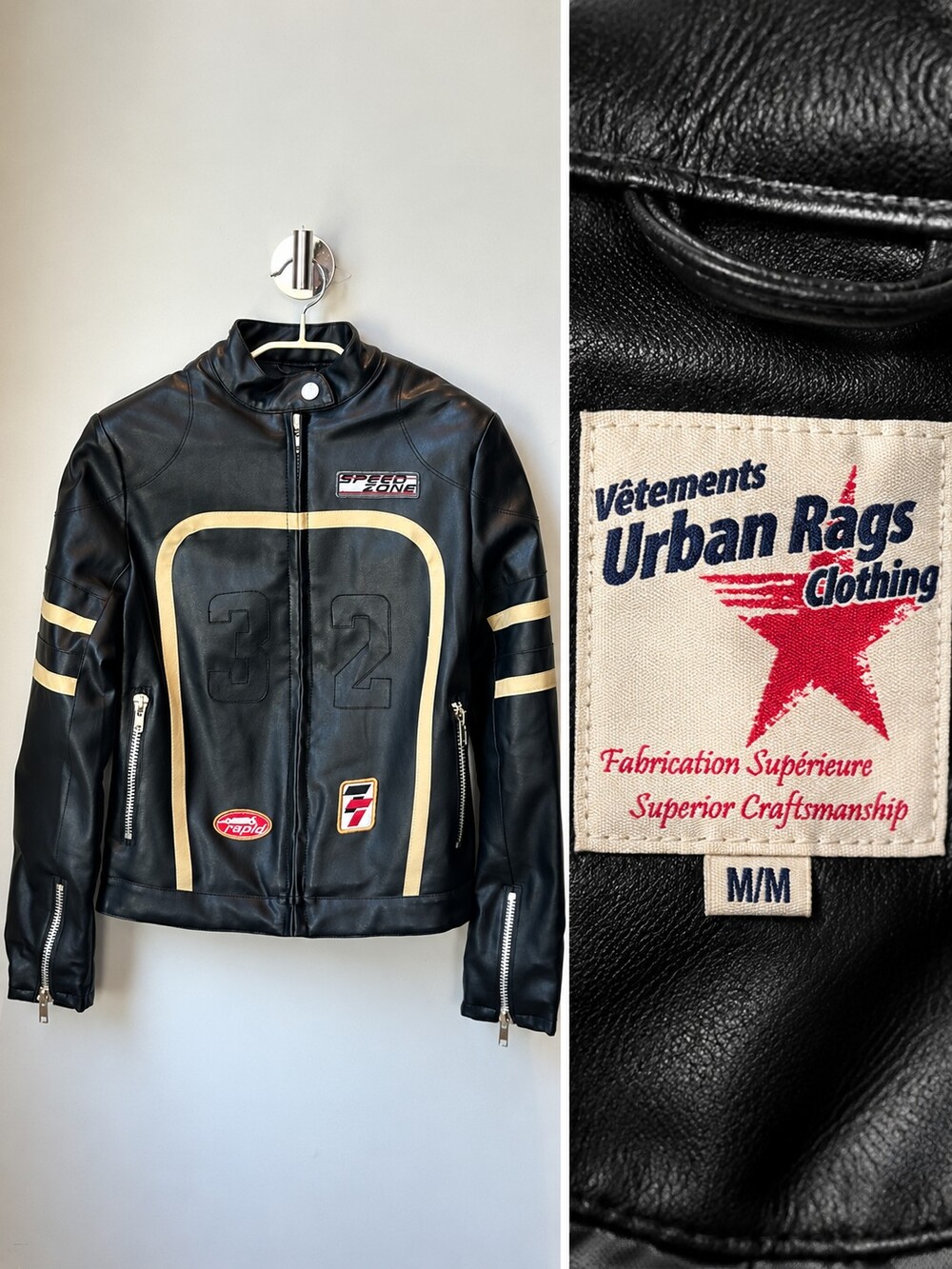 Urban Rags Black Faux Leather Motorcycle Racing Jacket Speed Zone Size M